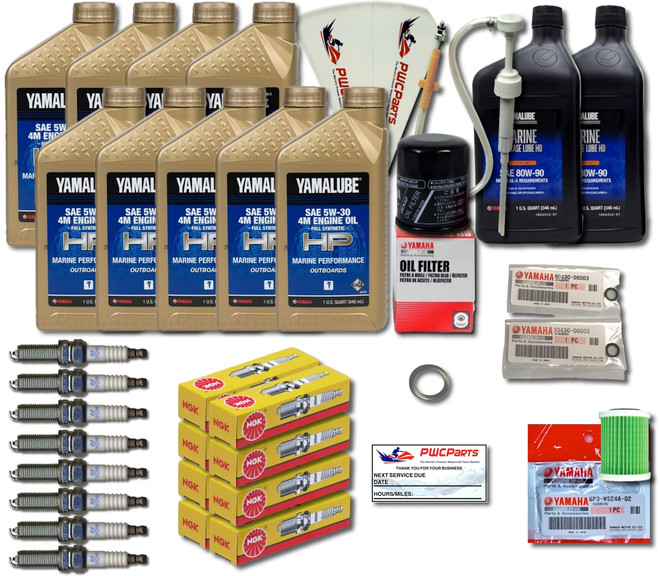 YAMAHA OEM XTO 425 XF425 V8 5.6L Outboard 05W30 4M Full Synthetic Oil Change Kit Lower Unit Gear Case HD Lube w/Drain Fill Gaskets Fuel Filter & NGK Iridium Spark Plugs Maintenance Kit