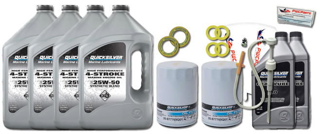 Mercury VERADO 25W50 Two Lens Quick Silver Oil Change Kit w / Gear Lube High Performance Bottom Unit and L6 200/225/250/275/300/350 / 400HP 400R Outboard Models