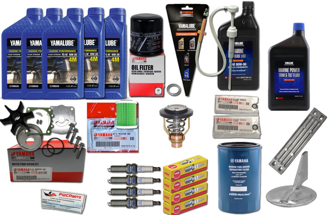 F200XB KIT YAMAHA OEM F200B 4-Cylinder Outboard Maintenance Kit

Oil Change Kit

& Lower Unit Gear Lube Kit w/ Fuel Filter
& Trim Fluid, Thermostat, Gasket, and Spark Plugs

OEM Water Pump Repair Kit Included
with OEM Trim Tab & Anode

NEW 100% OEM Oil Filter, Fuel Filter & Oil, Drain Gasket.

Includes:

1 - Yamaha #69J-13440-03-00 Oil Filter
5 -  Quart of Yamalube 4M 10W30 Oil
1 - Yamaha Engine Drain Gasket
2 - Yamaha Lower Unit Drain Gaskets
1- Quart of Yamalube SAE90 Gear Lube
1- Yamaha F200B Primary Fuel Filter
1- Yamalube Disposable Funnel
1 - Yamalube Oil Change Reminder Decal
1 - Yamaha Full Size Fuel/Water Separator
1- Anode
1- Trim Tab
1 - OEM Water Pump Rebuild Kit
1- OEM Thermostat
1 - OEM Thermostat Gasket
1 - Quart of Power Trim Fluid
4- NGK LFR5A-11 Spark Plugs