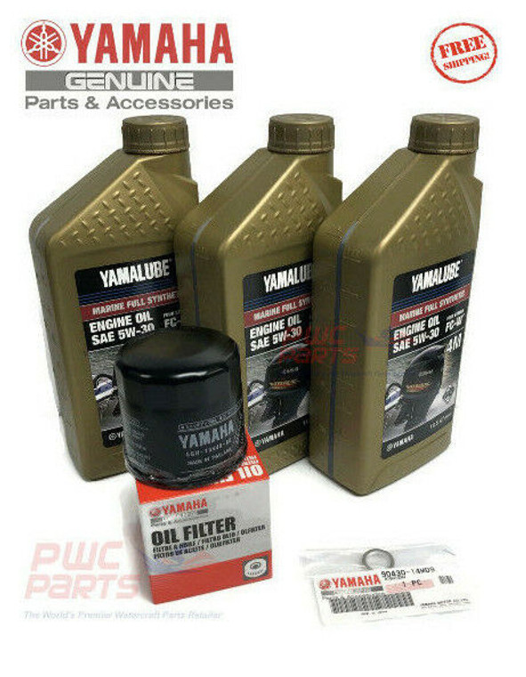 YAMAHA OEM F30-F70 10W30 Outboard 
FULL SYNTHETIC Oil Change Kit 

NEW 100% OEM Oil Filter & Oil, Drain Gasket.

Includes: 

1 - Yamaha #5GH-13440-50-00 Oil Filter
3 -  Quart of Yamalube 4W FULL SYN Oil 05W30
1 - Yamaha Drain Gasket 

Applications:
 
ALL YAMAHA F30-F70
LUB-MRNSM-KT-10
LUB-MRNSM-KT-10
LUB-MRNSM-KT-10
 4-STROKE OUTBOARDS