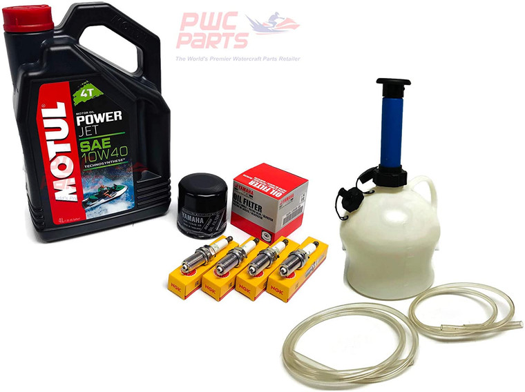 YAMAHA 2002-2007 FX140 / 2004-2008 FX-HO FX Cruiser MOTUL 4T Technosynthese 10W40 SAE Power Jet Oil Change Maintenance Kit w/NGK Spark Plug Set & PWCParts 4L Deluxe Oil Extractor Pump