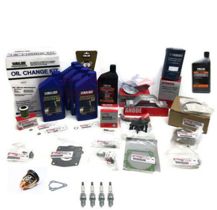 F200XB KIT YAMAHA OEM F200B 4-Cylinder Outboard Maintenance Kit

Oil Change Kit

& Lower Unit Gear Lube Kit w/ Fuel Filter
& Trim Fluid, Thermostat, Gasket, and Spark Plugs

OEM Water Pump Repair Kit Included
with OEM Trim Tab & Anode

NEW 100% OEM Oil Filter, Fuel Filter & Oil, Drain Gasket.

Includes:

1 - Yamaha #69J-13440-03-00 Oil Filter
5 -  Quart of Yamalube 4M 10W30 Oil
1 - Yamaha Engine Drain Gasket
2 - Yamaha Lower Unit Drain Gaskets
1- Quart of Yamalube SAE90 Gear Lube
1- Yamaha F200B Primary Fuel Filter
1- Yamalube Disposable Funnel
1 - Yamalube Oil Change Reminder Decal
1 - Yamaha Full Size Fuel/Water Separator
1- Anode
1- Trim Tab
1 - OEM Water Pump Rebuild Kit
1- OEM Thermostat
1 - OEM Thermostat Gasket
1 - Quart of Power Trim Fluid
4- NGK LFR5A-11 Spark Plugs


Applications:
 
ALL YAMAHA F200B 4-CYLINDER 4-STROKE OUTBOARDS


Kit includes world-class protection Yamalube 10W-30 4M Outboard Mineral FC-W® Engine Oil, Genuine Yamaha oil filter, and necessary drain bolt gaskets all in one convenient package.

Yamalube 4M is a mineral-based four-stroke outboard engine oil that's an approved NMMA® FC-W® formulation specifically for use in the harsh marine environment. The FC-W® rating, which sets the minimum standard for outboard engine lubrication, corrosion protection, and resistance to potentially harmful effects of oil dilution caused by fuel, provides critical assurance that your outboard’s oil meets the minimum. Go it one better. Yamaha’s exclusive and proprietary additive package means Yamalube 4M meets or exceeds the industry standards for lubricity and corrosion protection.

Automotive engine oil will not pass the rigors of the FC-W® test. In fact, most automotive engines cruise at 2500 rpm, whereas an outboard can typically operate from 4500 to 6000 rpm all day long. That kind of stress will literally tear automotive engine oils apart. Simply put, an automotive oil is not designed or formulated to provide the protection required by an outboard’s moisture-rich, high-rpm, high-load environment.

Go your outboard’s needs one better. Go with Yamalube 4M.
- See more at: https://www.shopyamaha.com/product/details/outboard-f150-10w-30-fc-oil-change-kit?b=Engine+Oils&d=30|30#sthash.cO7WLhEn.dpuf

Kit includes world-class protection Yamalube 10W-30 4M Outboard Mineral FC-W® Engine Oil, Genuine Yamaha oil filter, and necessary drain bolt gaskets all in one convenient package.

Yamalube 4M is a mineral-based four-stroke outboard engine oil that's an approved NMMA® FC-W® formulation specifically for use in the harsh marine environment. The FC-W® rating, which sets the minimum standard for outboard engine lubrication, corrosion protection, and resistance to potentially harmful effects of oil dilution caused by fuel, provides critical assurance that your outboard’s oil meets the minimum. Go it one better. Yamaha’s exclusive and proprietary additive package means Yamalube 4M meets or exceeds the industry standards for lubricity and corrosion protection.

Automotive engine oil will not pass the rigors of the FC-W® test. In fact, most automotive engines cruise at 2500 rpm, whereas an outboard can typically operate from 4500 to 6000 rpm all day long. That kind of stress will literally tear automotive engine oils apart. Simply put, an automotive oil is not designed or formulated to provide the protection required by an outboard’s moisture-rich, high-rpm, high-load environment.

Go your outboard’s needs one better. Go with Yamalube 4M.
- See more at: https://www.shopyamaha.com/product/details/outboard-f150-10w-30-fc-oil-change-kit?b=Engine+Oils&d=30|30#sthash.cO7WLhEn.dpuf
Kit includes world-class protection Yamalube 10W-30 4M Outboard Mineral FC-W® Engine Oil, Genuine Yamaha oil filter, and necessary drain bolt gaskets all in one convenient package.

Yamalube 4M is a mineral-based four-stroke outboard engine oil that's an approved NMMA® FC-W® formulation specifically for use in the harsh marine environment. The FC-W® rating, which sets the minimum

standard for outboard engine lubrication, corrosion protection, and resistance to potentially harmful effects of oil dilution caused by fuel, provides critical assurance that your outboard’s oil meets the minimum.

Go it one better. Yamaha’s exclusive and proprietary additive package means Yamalube 4M meets or exceeds the industry standards for lubricity and corrosion protection.

Automotive engine oil will not pass the rigors of the FC-W® test. In fact, most automotive engines cruise at 2500 rpm, whereas an outboard can typically operate from 4500 to 6000 rpm all day long.

That kind of stress will literally tear automotive engine oils apart. Simply put, an automotive oil is not designed or formulated to provide the protection required by an outboard’s moisture-rich, high-rpm,
high-load environment.

Go your outboard’s needs one better. Go with Yamalube 4M.

Kit includes world-class protection Yamalube 10W-30 4M Outboard Mineral FC-W® Engine Oil, Genuine Yamaha oil filter, and necessary drain bolt gaskets all in one convenient package.

Yamalube 4M is a mineral-based four-stroke outboard engine oil that's an approved NMMA® FC-W® formulation specifically for use in the harsh marine environment. The FC-W® rating, which sets the minimum standard for outboard engine lubrication, corrosion protection, and resistance to potentially harmful effects of oil dilution caused by fuel, provides critical assurance that your outboard’s oil meets the minimum. Go it one better. Yamaha’s exclusive and proprietary additive package means Yamalube 4M meets or exceeds the industry standards for lubricity and corrosion protection.

Automotive engine oil will not pass the rigors of the FC-W® test. In fact, most automotive engines cruise at 2500 rpm, whereas an outboard can typically operate from 4500 to 6000 rpm all day long. That kind of stress will literally tear automotive engine oils apart. Simply put, an automotive oil is not designed or formulated to provide the protection required by an outboard’s moisture-rich, high-rpm, high-load environment.

Go your outboard’s needs one better. Go with Yamalube 4M.
- See more at: https://www.shopyamaha.com/product/details/outboard-f150-10w-30-fc-oil-change-kit?b=Engine+Oils&d=30|30#sthash.cO7WLhEn.dpuf

Kit includes world-class protection Yamalube 10W-30 4M Outboard Mineral FC-W® Engine Oil, Genuine Yamaha oil filter, and necessary drain bolt gaskets all in one convenient package.

Yamalube 4M is a mineral-based four-stroke outboard engine oil that's an approved NMMA® FC-W® formulation specifically for use in the harsh marine environment. The FC-W® rating, which sets the minimum standard for outboard engine lubrication, corrosion protection, and resistance to potentially harmful effects of oil dilution caused by fuel, provides critical assurance that your outboard’s oil meets the minimum. Go it one better. Yamaha’s exclusive and proprietary additive package means Yamalube 4M meets or exceeds the industry standards for lubricity and corrosion protection.

Automotive engine oil will not pass the rigors of the FC-W® test. In fact, most automotive engines cruise at 2500 rpm, whereas an outboard can typically operate from 4500 to 6000 rpm all day long. That kind of stress will literally tear automotive engine oils apart. Simply put, an automotive oil is not designed or formulated to provide the protection required by an outboard’s moisture-rich, high-rpm, high-load environment.

Go your outboard’s needs one better. Go with Yamalube 4M.


BRAND NEW!

FREE SHIPPING!