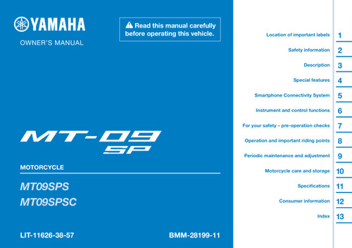 YAMAHA OEM Owner's Manual - 2025 MT-09 SP - LIT-11626-38-57 Models