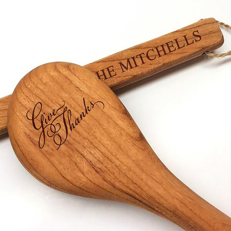 12" Cherry Wooden Spoon - Give Thanks Motif with Personalization
