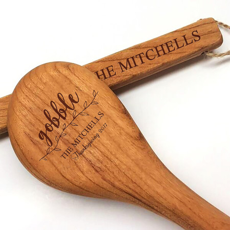 12" Cherry Wooden Spoon - Gobble Motif with Personalization