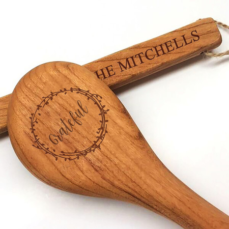 12" Cherry Wooden Spoon - Grateful Motif with Personalization