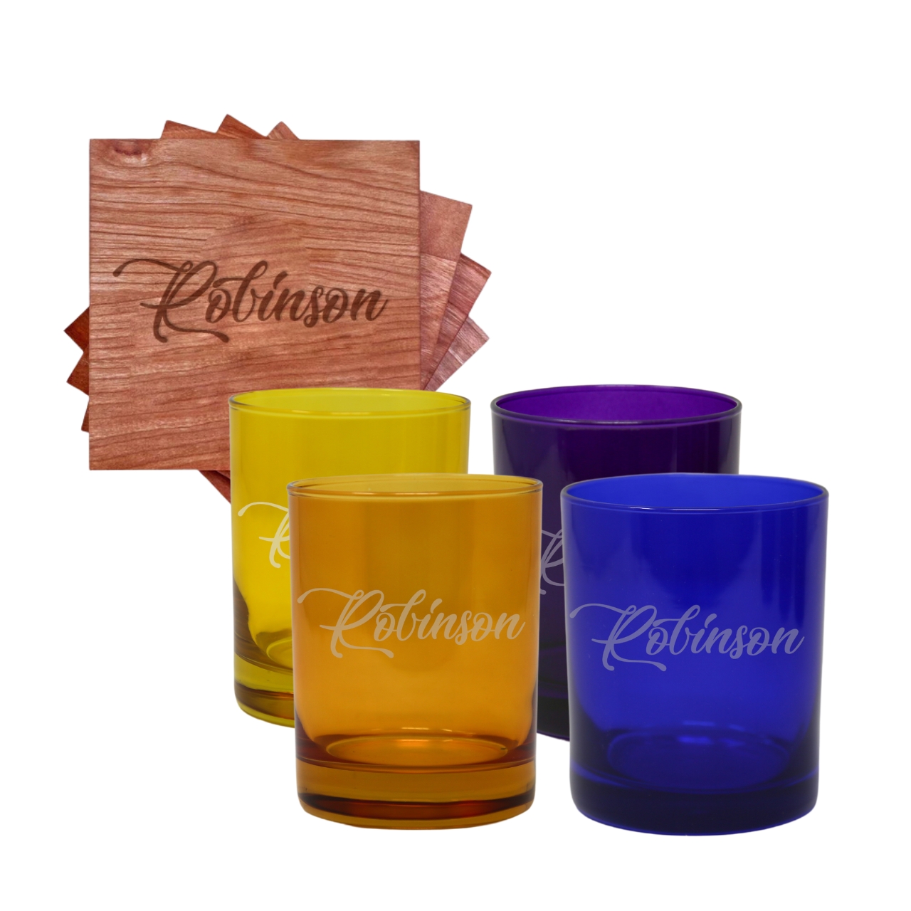 Personalized Colored Double Old Fashioned Glasses & Coaster Set Personalized Colored Double Old Fashioned Glasses & Coaster Set