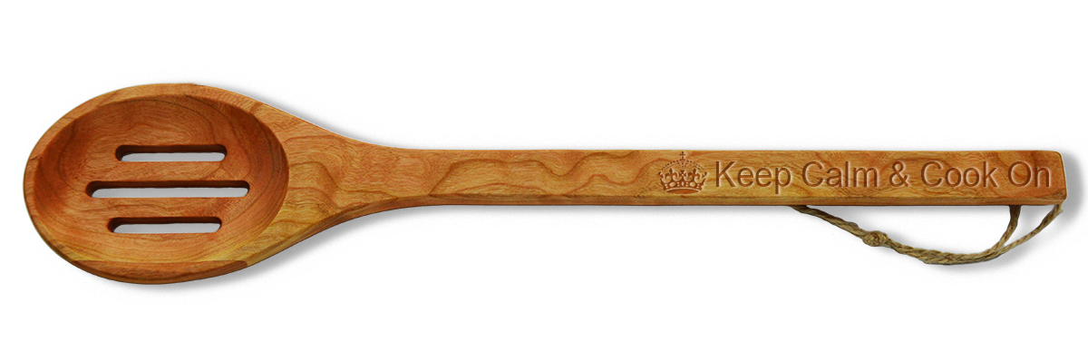 15" Slotted Cherry Wooden Spoon - Keep Calm and Cook On
