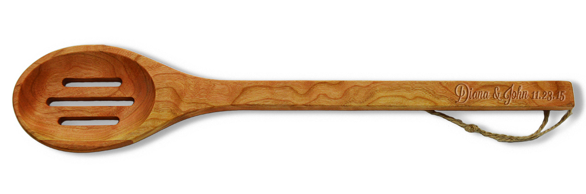 15" Slotted Cherry Wooden Spoon - Couple's Names and Date