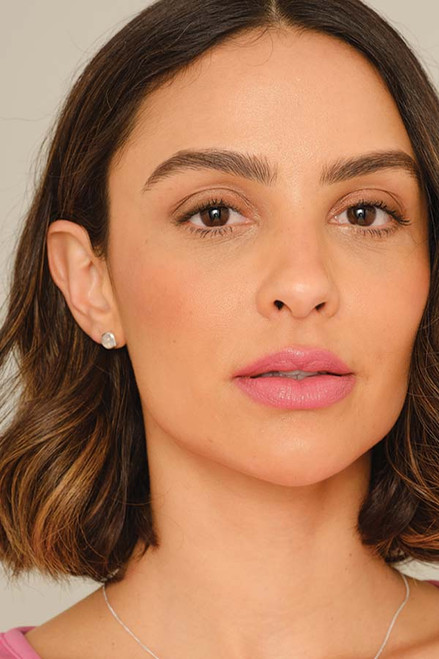 model is wearing Rainbow Moonstone Square Earrings