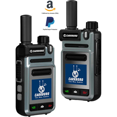 CARRBORG 4G V1 encrypted walkie talkie with Amazon FBA and PayPal Buyer Protection badges for secure, fast shipping and safe checkout.