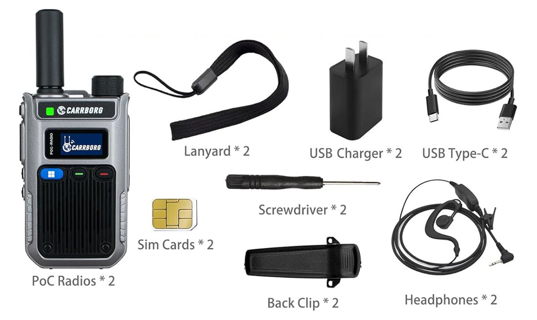 CARRBORG A63 package includes rugged POC radio, pre-installed SIM card, USB-C charger, lanyard, back clip, screwdriver, and headphone—ready for secure global communication right out of the box.