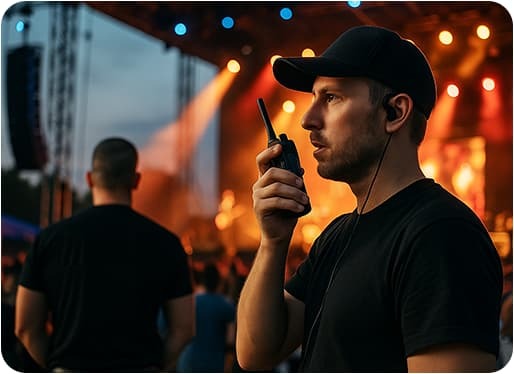 Walkie talkies for event management teams, supporting fast, secure, and coordinated communication during live events and festivals.