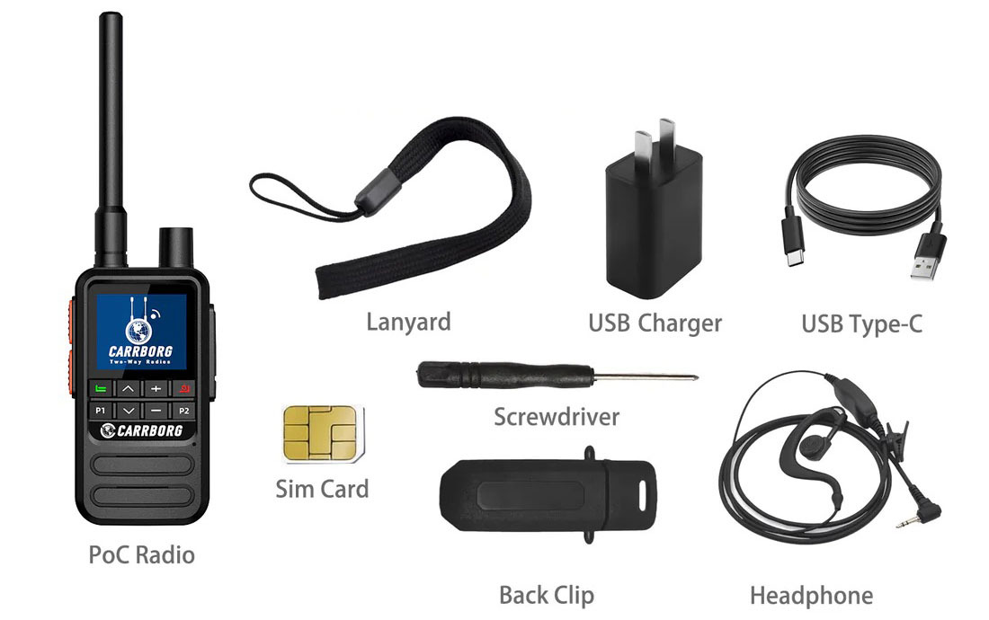 N9500 package includes POC radio, pre-installed SIM card, USB-C charger, lanyard, back clip, screwdriver, and headphone—fully equipped for instant global communication and relay functionality.