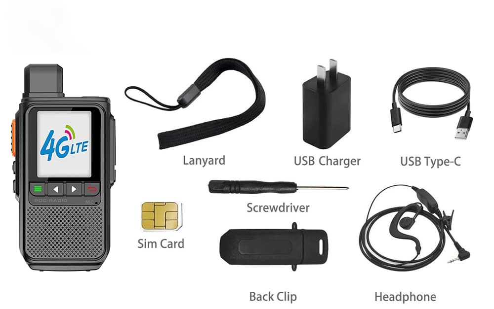 Complete  POC Two-Way Radio Package – Includes 4G LTE Radio, Pre-Installed SIM Card, USB-C Charger, Headphones, Lanyard, Back Clip, and Screwdriver for Global Communication.