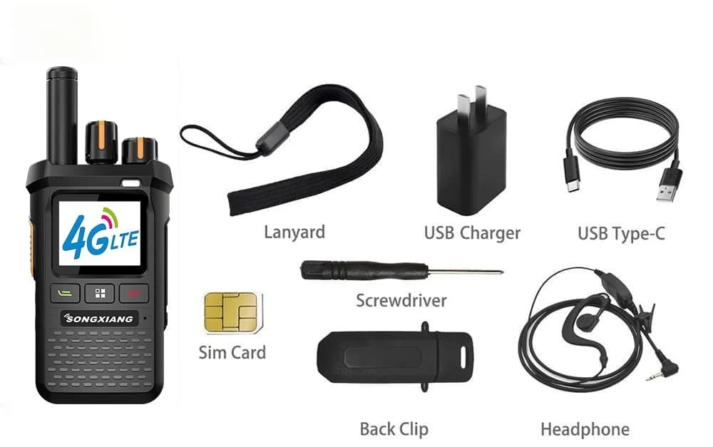 Songxiang 6210 black POC 4G LTE two-way radio kit with SIM card, USB-C charger, headphones, lanyard, back clip and screwdriver