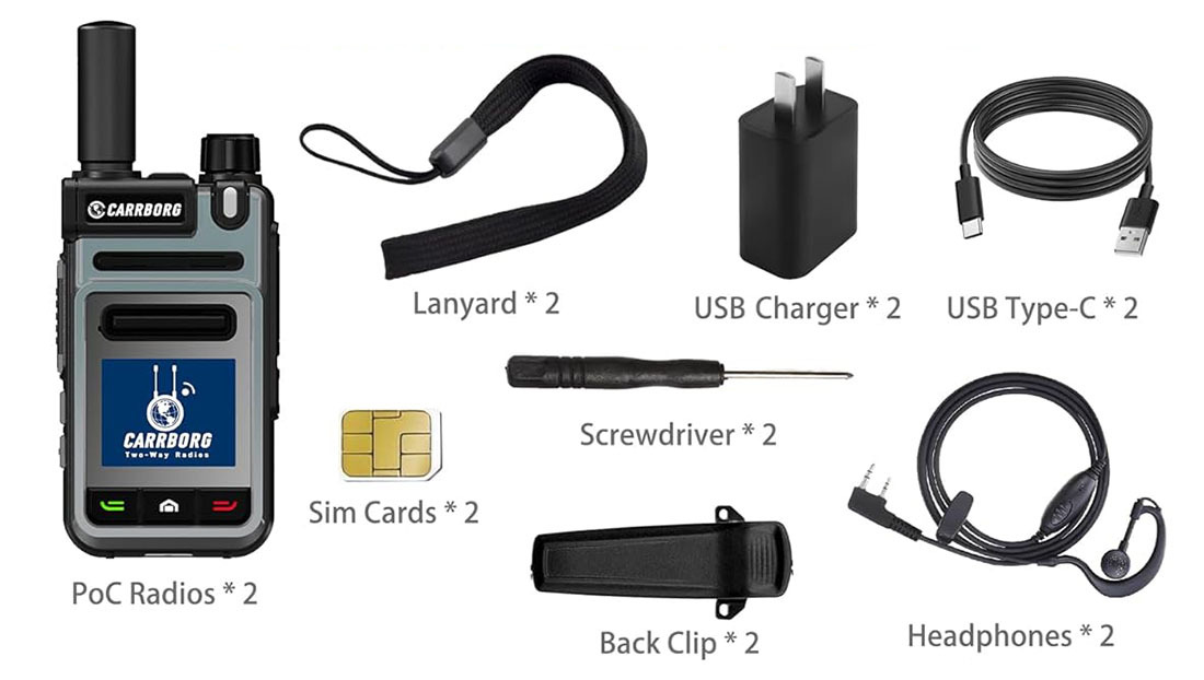 CARRBORG V1 package includes aircraft-grade POC radio, pre-installed SIM card, USB-C charger, lanyard, back clip, screwdriver, and headphone—fully equipped for encrypted global communication.