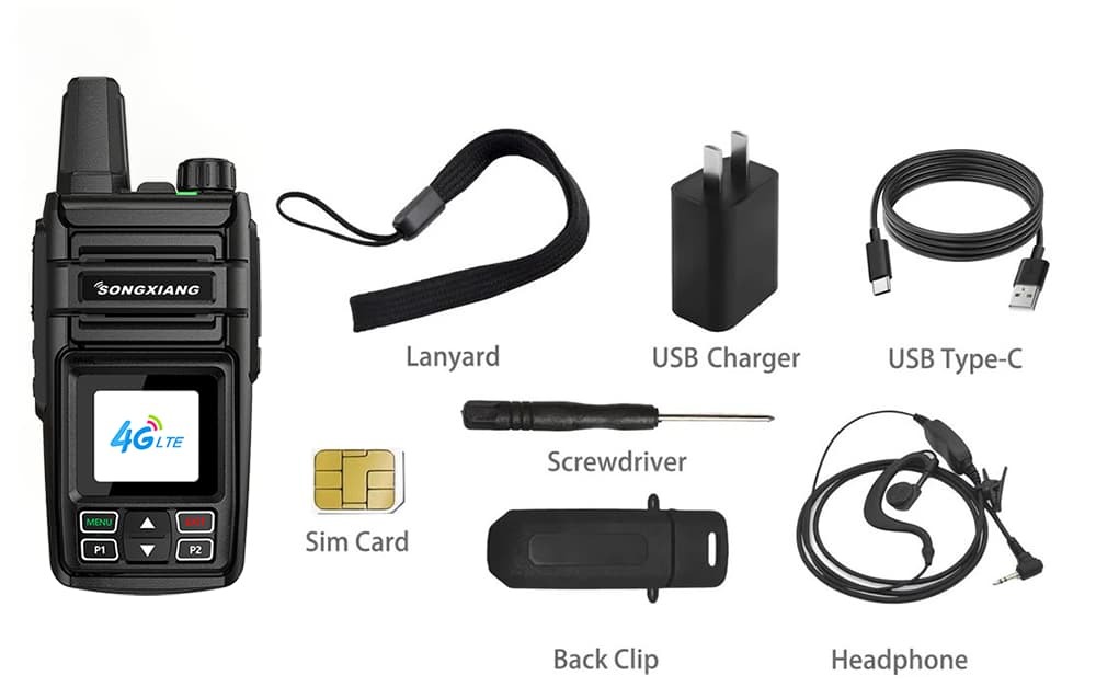 Complete Songxiang N88 POC Two-Way Radio Package – Includes 4G LTE Radio, Pre-Installed SIM Card, USB-C Charger, Headphones, Lanyard, Back Clip, and Screwdriver for Global Communication.