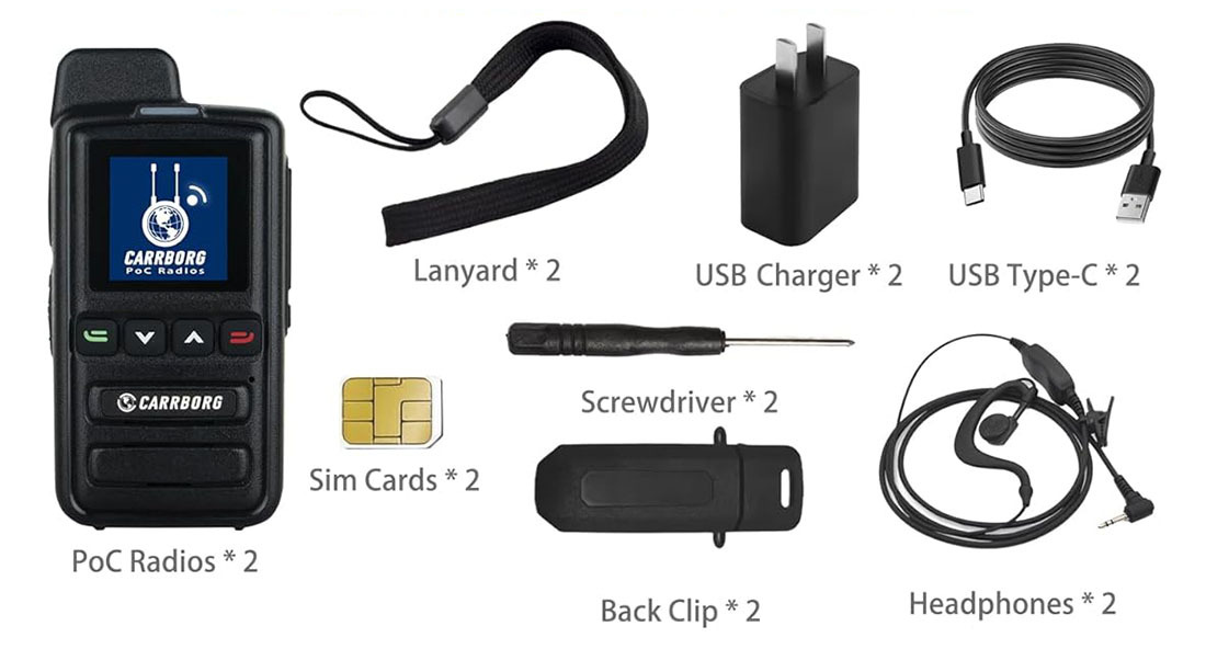 Complete Pro X13 package includes POC radio, pre-installed SIM card, USB-C charger, lanyard, back clip, screwdriver, and headphones—everything you need for instant global communication.