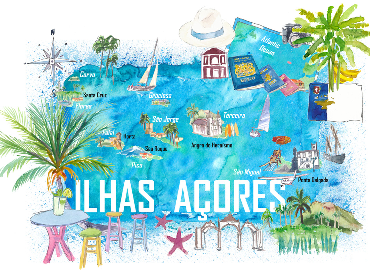 Azores Islands Portugal Illustrated Travel with Tourist Highlights - Made and Curated