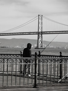 Fishing By The Bay Bridge B&W