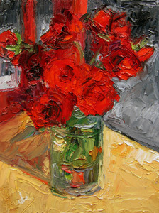 Roses on Red Mini Chair, Gold Satin