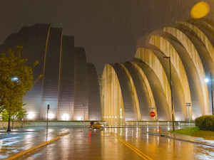 Kauffman Performing Arts Center in rain