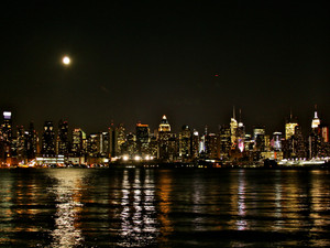 New York City Skyline with Full Moon