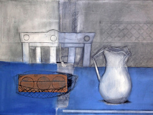 blue pitcher with chair