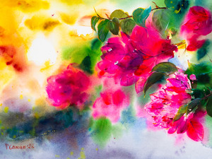 Bougainvillea flowers at sunset. Watercolor. Impressionism.