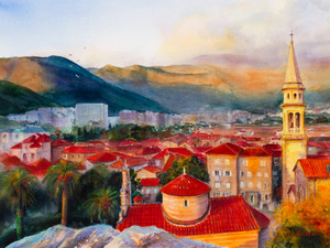 Budva, old town. Watercolor.