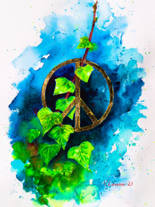 World peace. Pacific sign, ivy and blue sky.