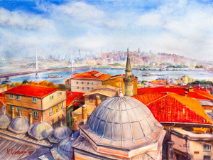 Istanbul. Roofs. View of the Bosphorus and the Galata Tower.