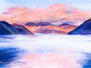 Beautiful foggy sunrise in the Bay of Kotor. Montenegro.