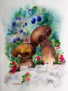 Taiga porcini mushrooms with reindeer moss and cowberry and thorn berries. Botanical painting. Realism.