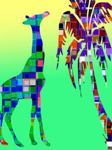 Giraffe with Palm Tree -Green, Silver Teal, Gray+