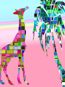 Giraffe with Palm Tree -Pink, Blue, Yellow & Other
