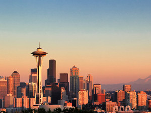 Sunset over city of Seattle in Washington State