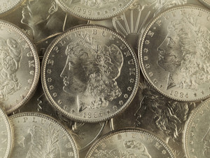 Silver Morgan Dollars in vintage layout