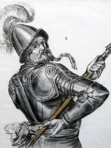 Charcoal Drawing  of Man in Armor Holding a Pike