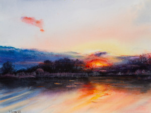 Sunrise on the river in early spring. Landscape.