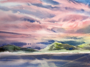 Red Dusk Over The Bay - Watercolor Seascape