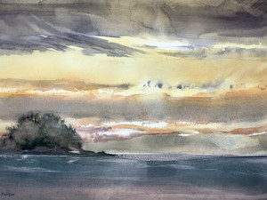 Golden Sky After The Storm - Watercolor Seascape