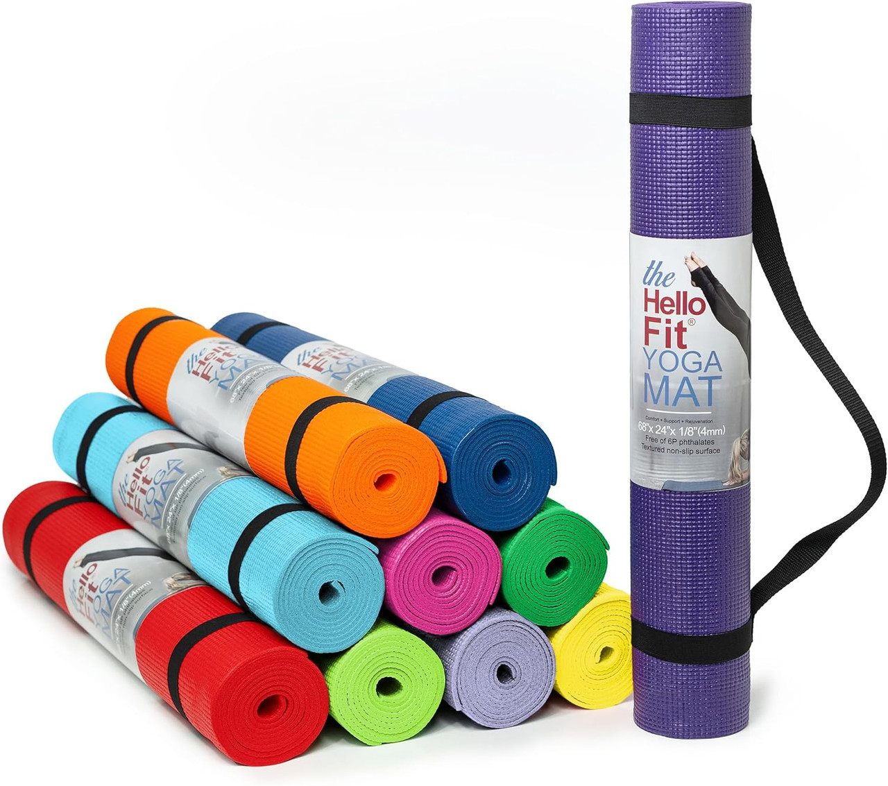 Hello Fit Yoga Mat (68 x 24 x 4mm) with Carrying Strap - 10 Pack