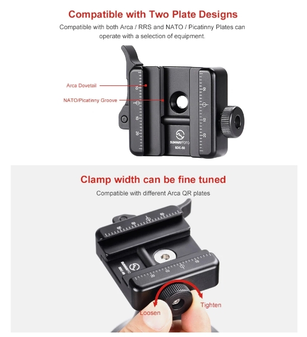 Sunwayfoto ABA-01+SDC-50 Harris Bipod ARCA Adapter Description No.2