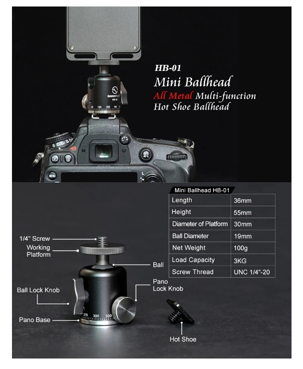 Sunwayfoto HB-01 Mini Ball Head Description No.1