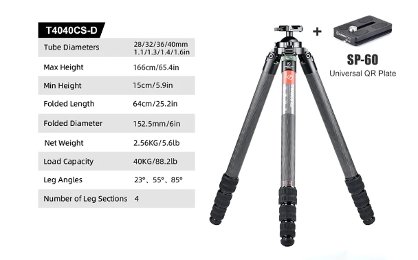 Sunwayfoto T4040CS-D HD Tactical Carbon Fiber Tripod With Integral