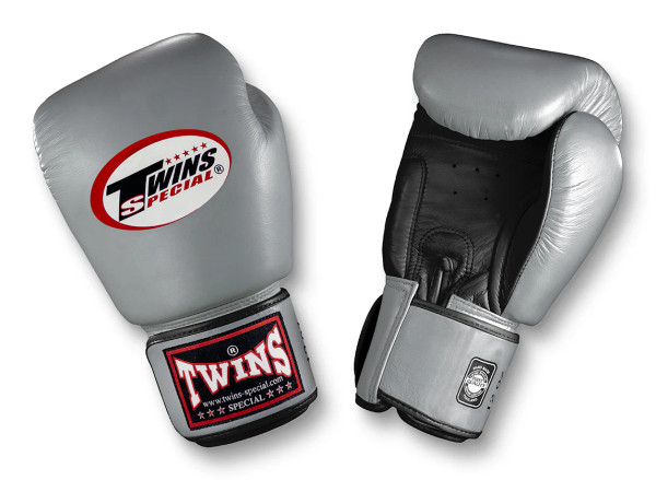 TWINS Boxing Gloves- Dual Color- Premium Leather w/ Velcro - Black Fist, Silver, Gold, White Palm