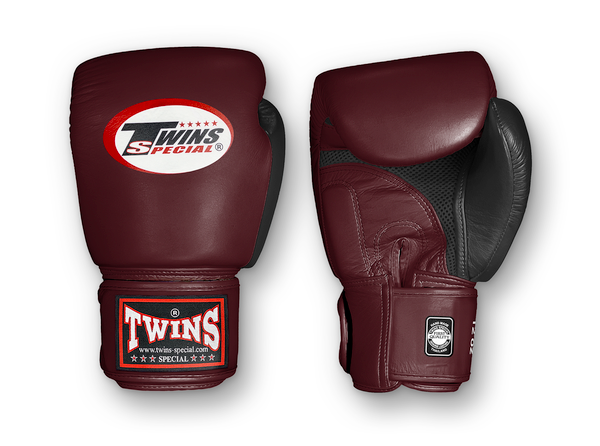 TWINS Boxing Gloves Air Velcro- Premium Leather - Black and Maroon, Dark Brown, Navy, Green, Purple