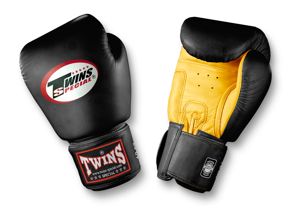 TWINS Boxing Gloves- Dual Color- Premium Leather w/ Velcro - Black Fist, Yellow, Red Palm